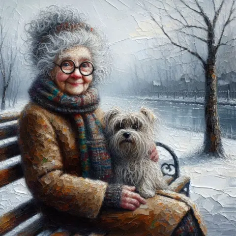 Whimsical Old Lady with Dog on Bench