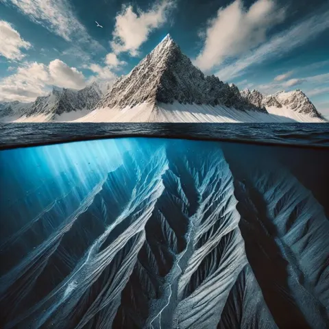 Snow-Capped Mountain Above and Below Water