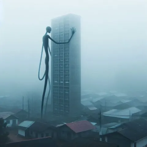 Creepy Creature Climbing Misty Building