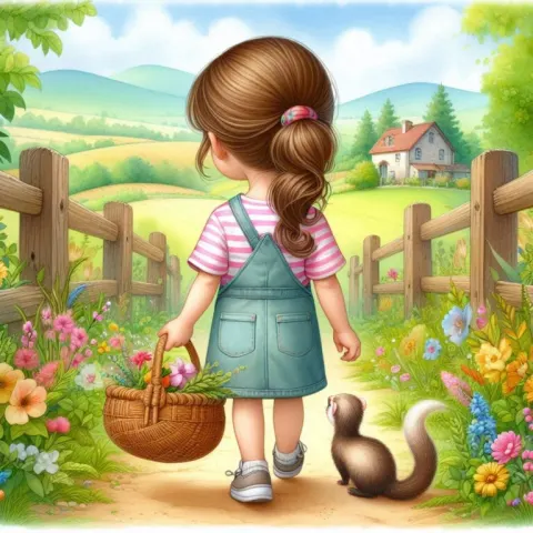 Little Girl with Basket in Countryside