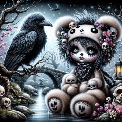 Gothic Whimsical Scene with Crescent Moon