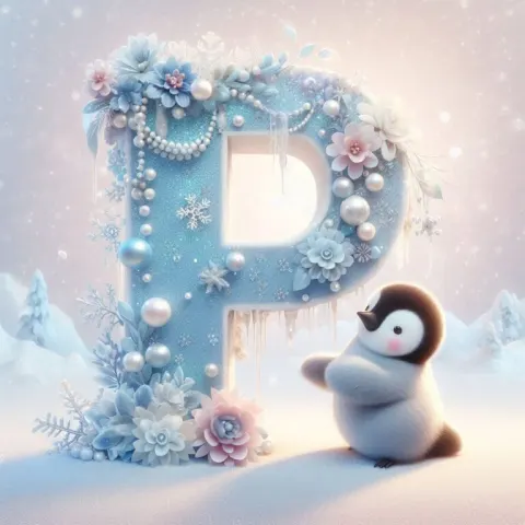 Winter Scene with Ice-Blue Letter ‘P’