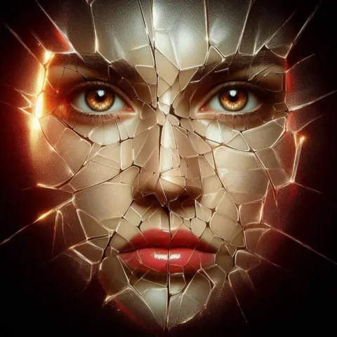 Cracked Glass Face with Golden Light