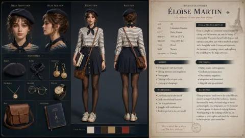 3D French Schoolgirl Character Design Sheet