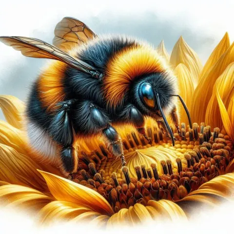 Fluffy Bumblebee on Sunflower Close-Up