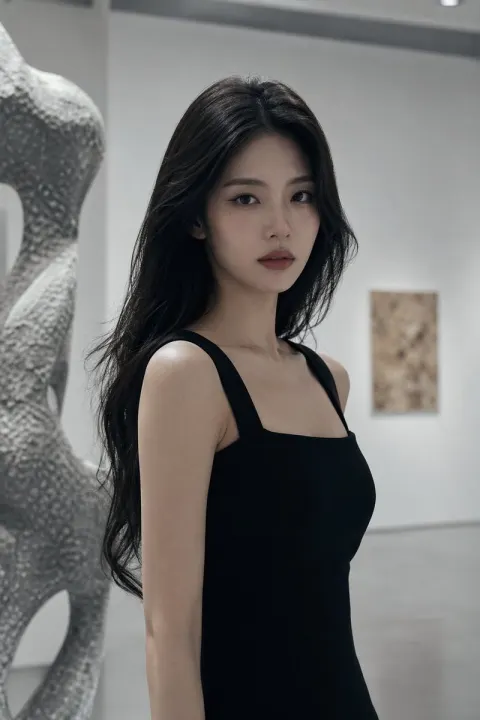 Cold Elegant Woman in Black Dress Gazing at an Art Exhibition