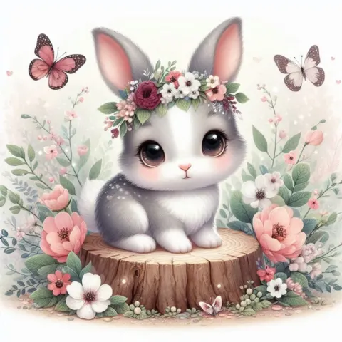 Enchanted Baby Rabbit on Tree Stump