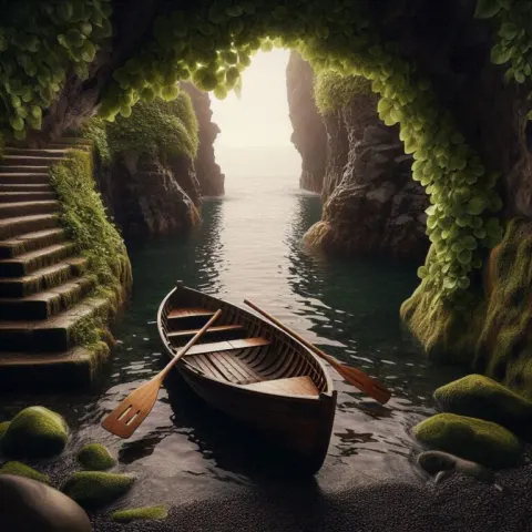 Rowboat by Stone Steps with Portal