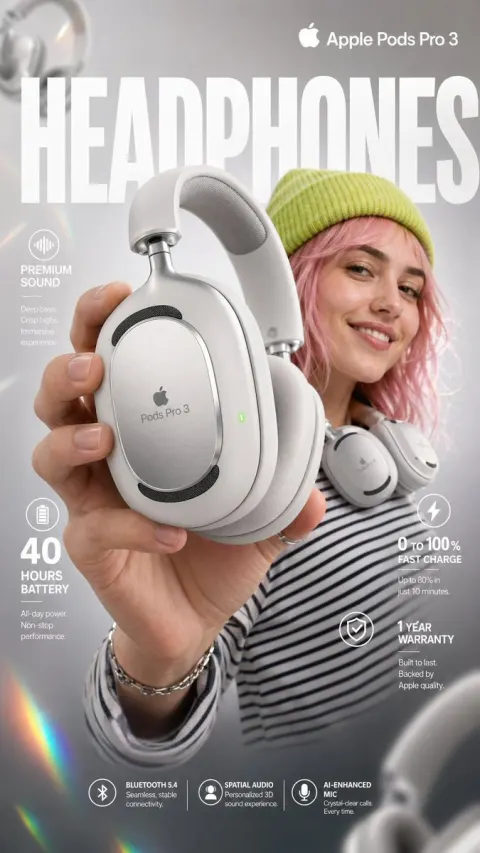 Pink Haired Girl and Premium Headphones Poster