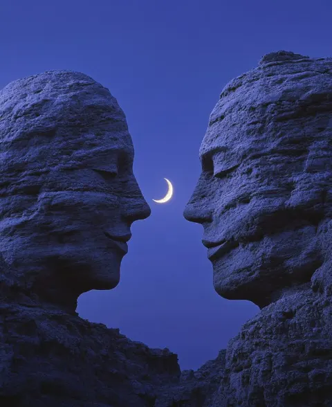 Rock Formations Crescent Moon Night Sky