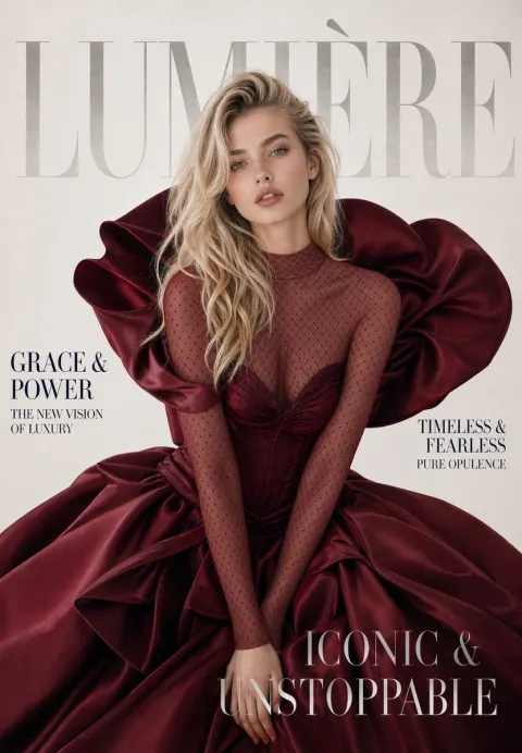 Luxury Wine Red Couture Gown Magazine Cover
