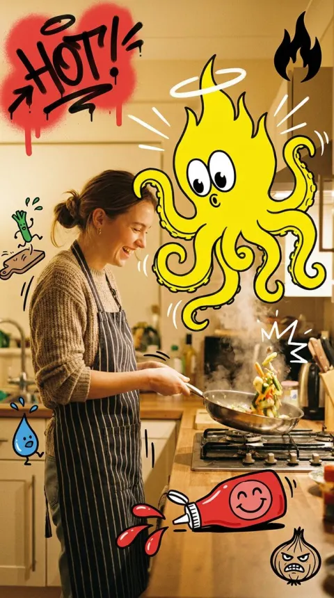 Flaming Octopus in a Hot Graffiti Kitchen