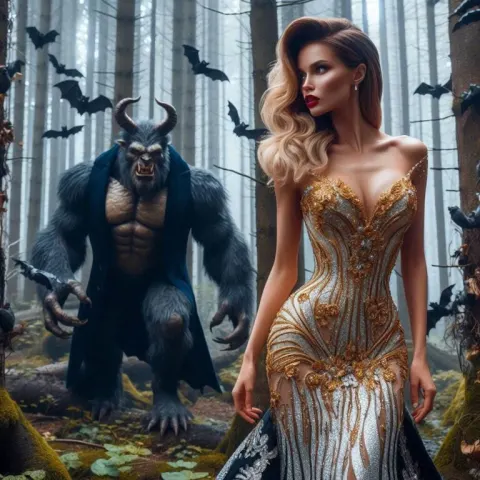 Beauty in Gold Dress with Scary Beast