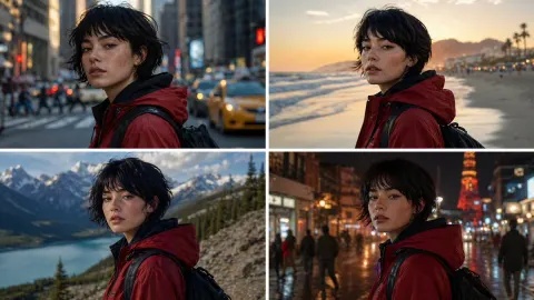 Red Jacket Girl Traveling Through Four Scenes