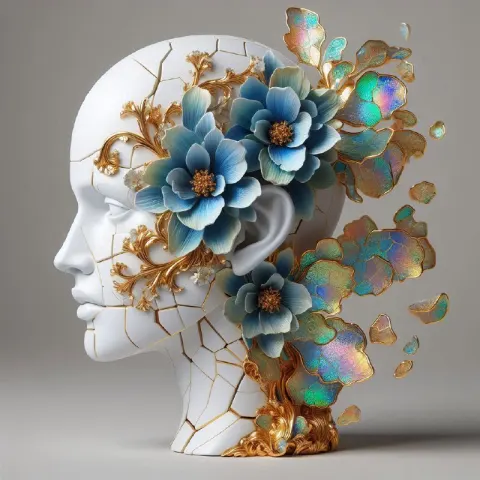 Mannequin Head with Flowers and Glass