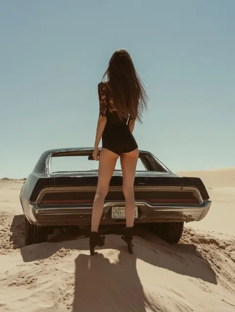 Girl on Retro Car in Desert