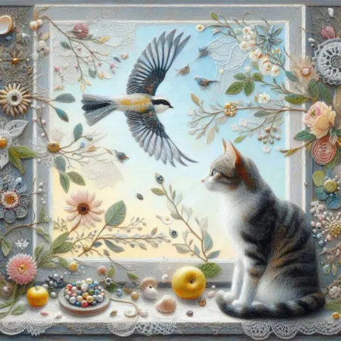 Cat Gazing at Bird Mixed Media