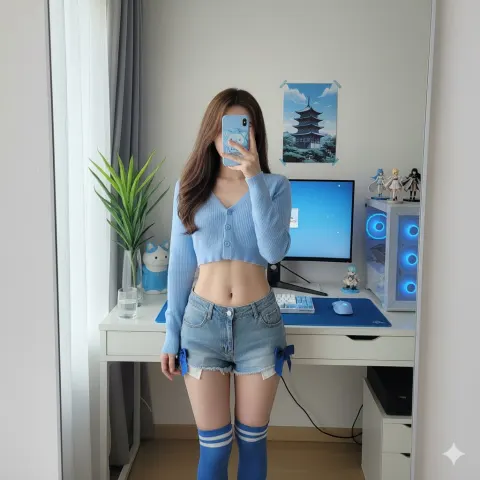 Blue Otaku Mirror Selfie
