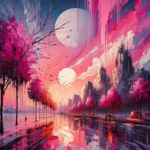 Pink Sunset Romantic City Scene