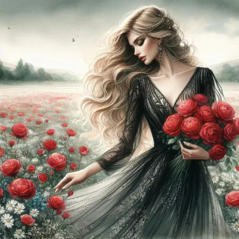 Dreamy Woman with Roses in Field