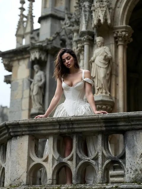 Gothic Balcony White Gown Portrait