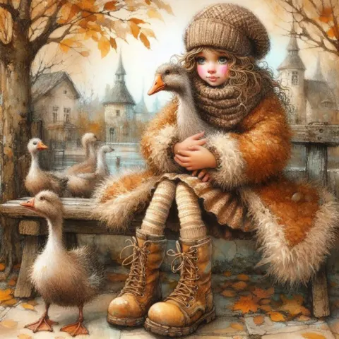 Whimsical Girl with Goose Illustration
