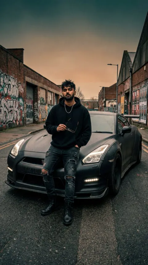 Grunge Man Poses With Car