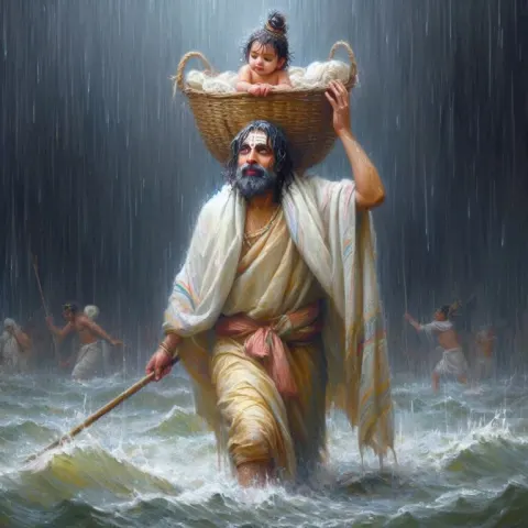 Man Carrying Infant Krishna Through Yamuna