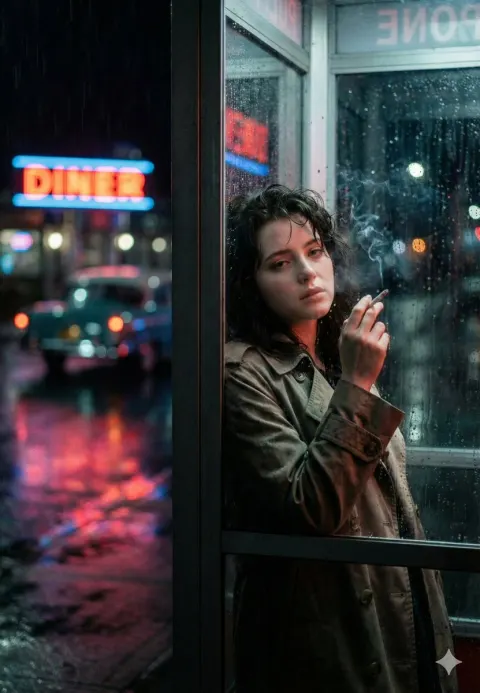 Neon Rainy Night Phone Booth Noir