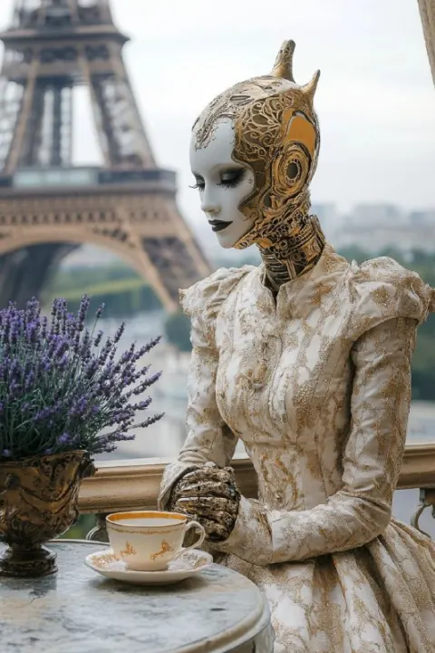 Cinematic Robot Woman at Eiffel Tower Balcony