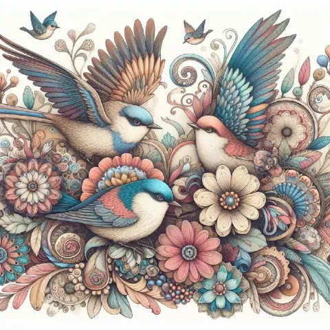 Pastel Birds and Flowers Illustration