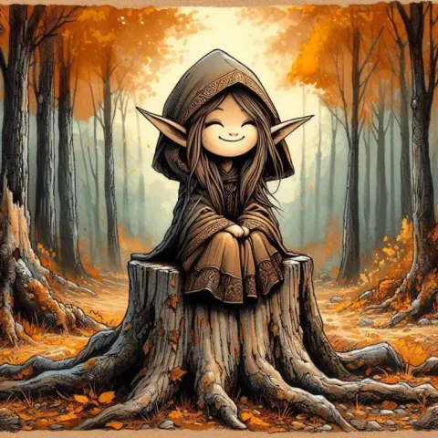 Elf Girl on Autumn Stump