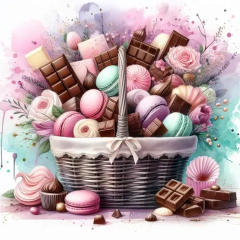 Whimsical Chocolate and Macarons Basket