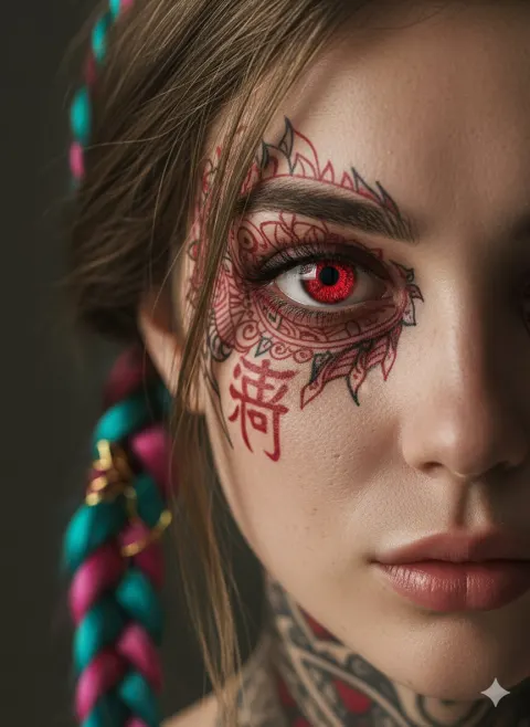 Crimson Eye: Inked Braid Portrait