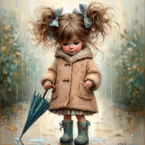 Whimsical Girl with Umbrella and Boots