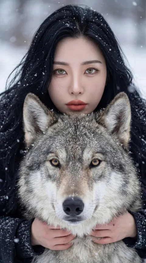 Cinematic Winter Woman Wolf Bond