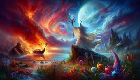 Seer by Mystical Lake at Sunset