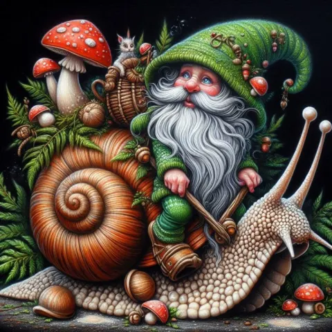 Whimsical Gnome on Snail Shell