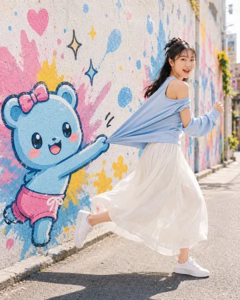 Graffiti Bear Chasing Summer Girl