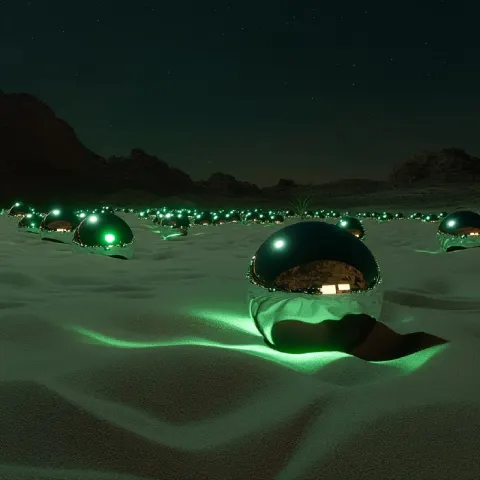 Desert Night with Green Light Orbs