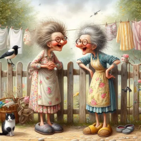 Cheerful Gossiping Ladies by Fence