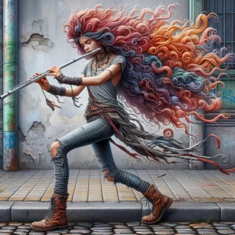 Teen Girl Playing Flute on Street