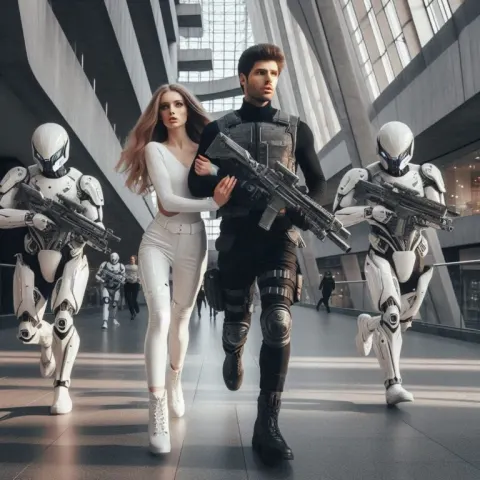 Sci-Fi Couple Flee Cyborgs in Mall