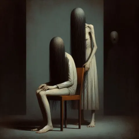 Surreal Emaciated Figures in Dark Room