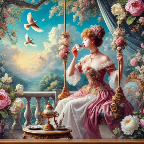 Baroque Woman on Swing with Tea