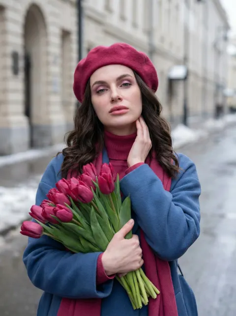Spring Street Portrait With Tulips