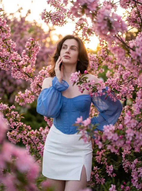 A woman in a blue off-the-shoulder top and white skirt stands surrounded by dense pink flowering branches.