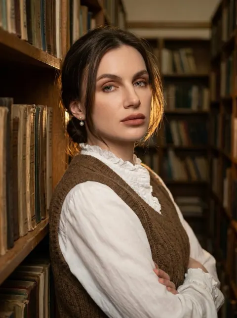 A portrait of a person leaning against a bookshelf in a library aisle, wearing a white ruffled blouse and a brown knit vest, with warm light highlighting hair strands.