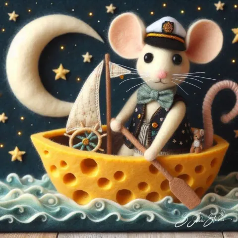 Mouse Captain Rowing Cheese Boat Art