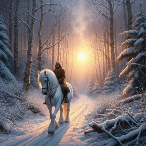 White Horse Rider Winter Forest Oil Painting